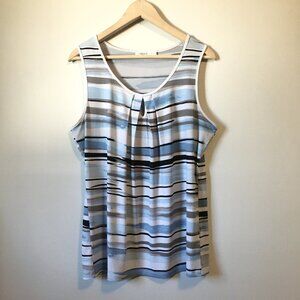 Blue and White Artistic Paint Brush Stroke Keyhole Pleated Collar Tank Top
